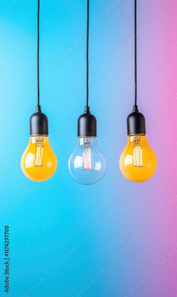 Stylish Hanging Light Bulbs with Colorful Background in Bright Blue and Pink Gradients Stylish Hanging Light Bulbs with Colorful Background in Bright Blue and Pink Gradients