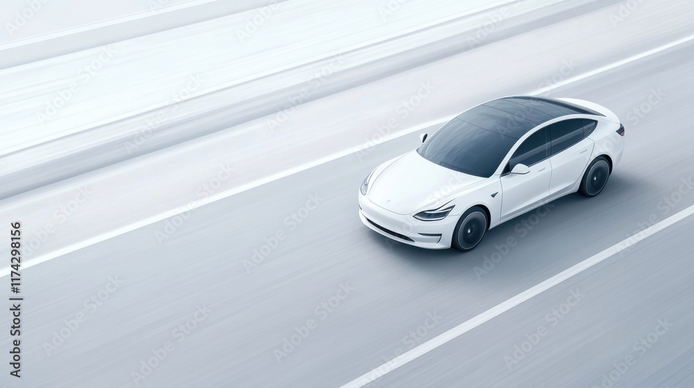 Sleek White Electric Car in Motion on a Modern Highway with Minimalist Background and Smooth Lines Sleek White Electric Car in Motion on a Modern Highway with Minimalist Background and Smooth Lines