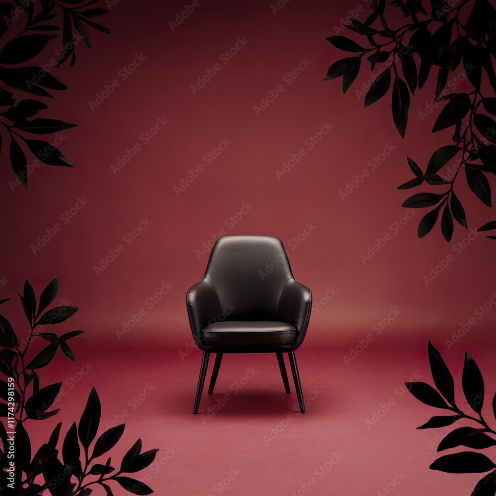 Fototapeta premium Stylish Black Leather Armchair in a Maroon Room with Dark Leaf Accents