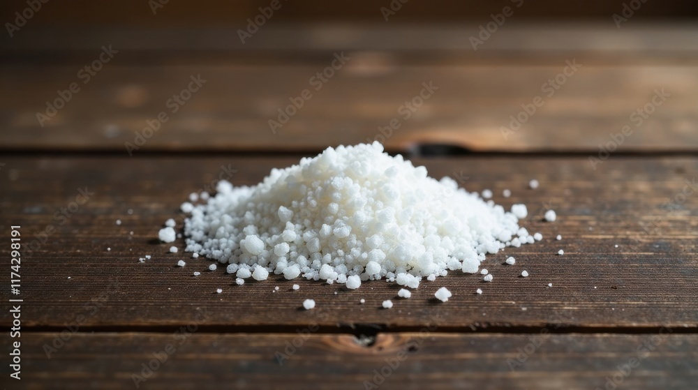 A mound of small white granules rests on a rustic wooden surface A mound of small white granules rests on a rustic wooden surface