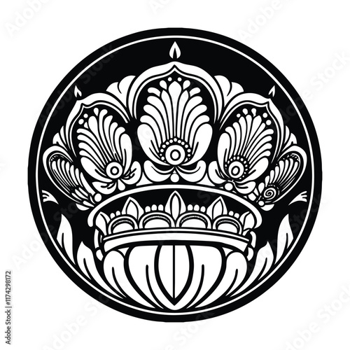 

A gold lotus border mandala features intricate floral patterns with a radiant lotus at its core, symbolizing purity, balance, and spiritual enlightenment, framed in elegance.