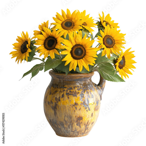 Bright yellow sunflower bouquet in a rustic vase isolated on white or transparent PNG