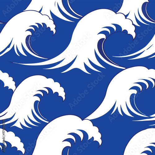 Konstfotografi A seamless Japanese Great Wave pattern featuring iconic ukiyo-e style waves, flowing rhythmically with intricate details, evoking elegance and traditional artistry
