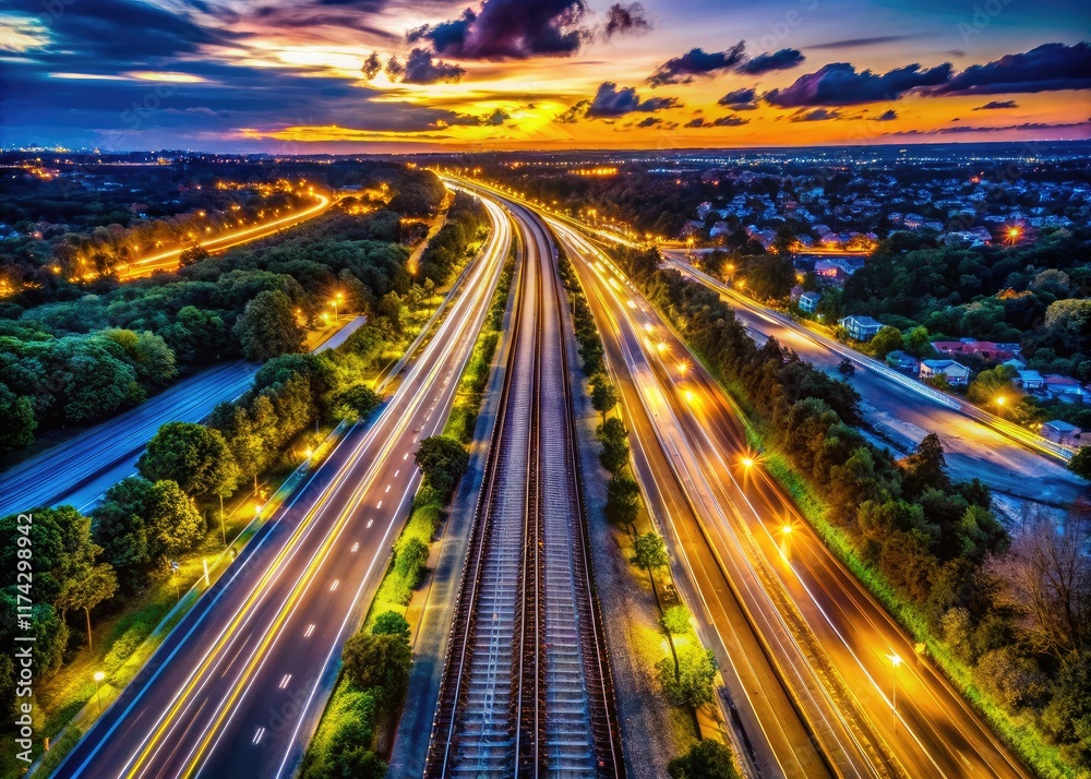 Fototapeta premium Long Island Highway & Railroad Tracks at Night - Aerial Macro View AI Art