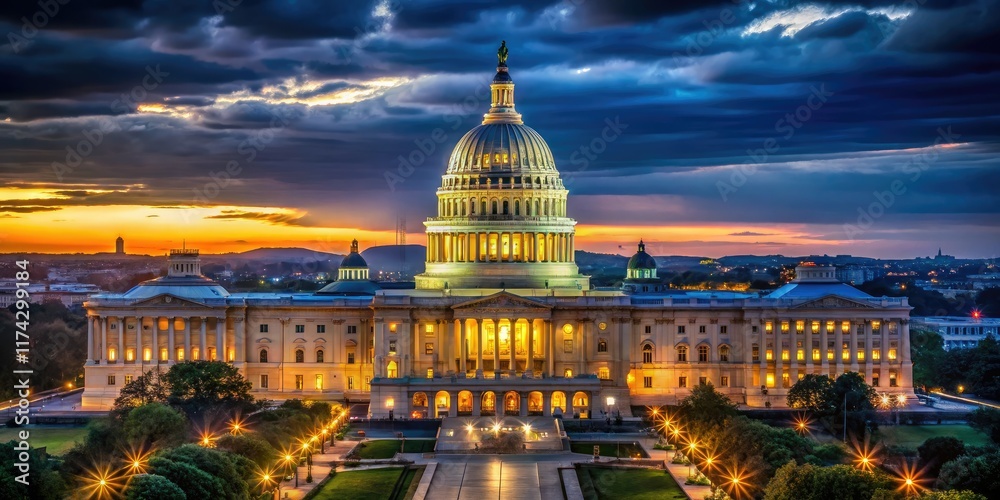 Fototapeta premium Low Light Capitol Building Washington DC AI Photo, Night Photography US Capitol, Dramatic Capitol Silhouette