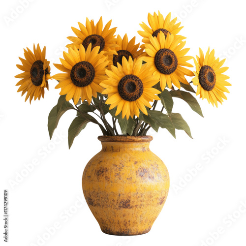 Bright yellow sunflower bouquet in a rustic vase isolated on white or transparent PNG