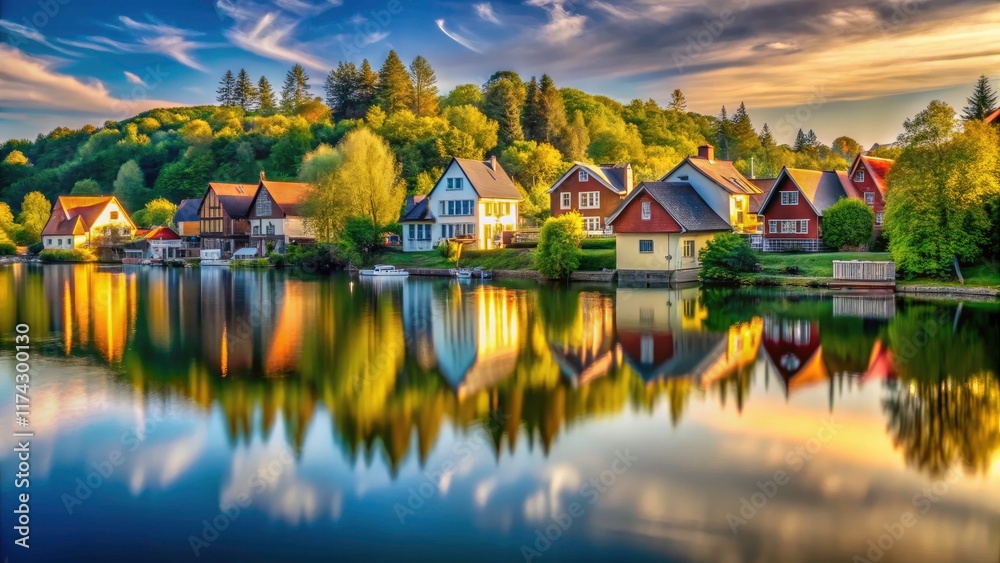 Fototapeta premium Serene lake houses bathed in sunlight, captured in tranquil long exposures.