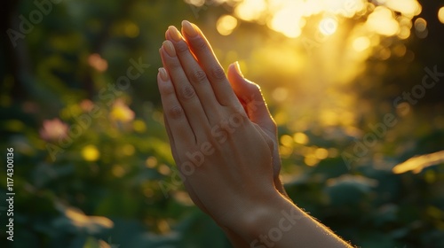 Two hands are pressed together in prayer. Golden hour sunlight shines through the trees creating a bokeh effect. Use for spirituality, faith, or hope.