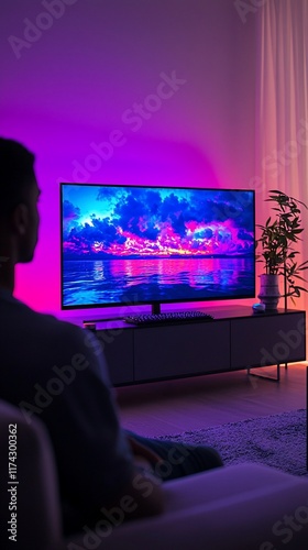 Man relaxing on sofa watching TV with ambient lighting.