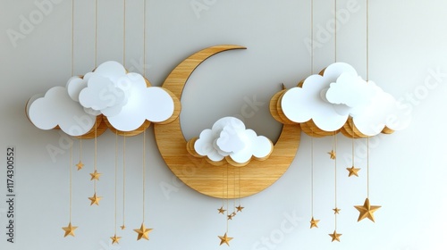 A whimsical wooden moon and cloud mobile with dangling gold stars. Ideal for a nursery or child's bedroom adding a touch of dreamy charm. photo