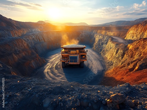 Mining Truck at Sunset: Dramatic Industrial Landscape photo