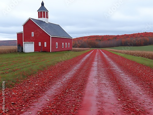 Red Barn Autumnal Landscape: A Serene Rural Scene photo