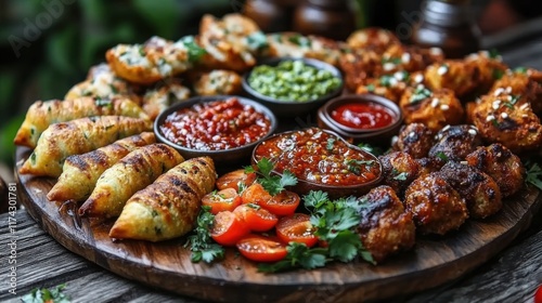 A delicious assortment of appetizers including grilled dumplings, crispy chicken bites, and various dipping sauces. Perfect for parties or sharing.