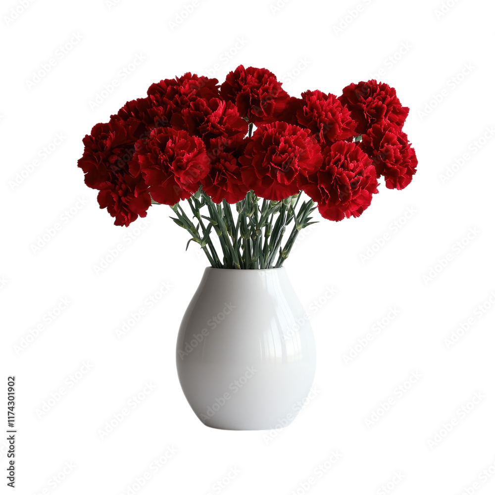 Obraz premium Red carnation bouquet in a white ceramic vase isolated on white or transparent PNG