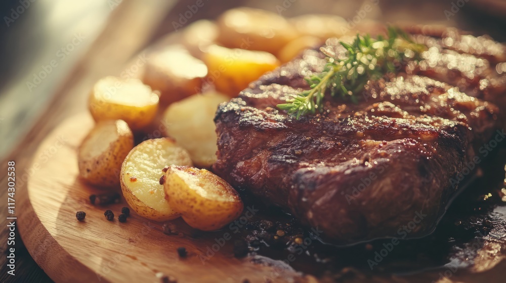 Prime Rib WIth Golden Roasted Potatoes. Copy Space Prime Rib WIth Golden Roasted Potatoes. Copy Space