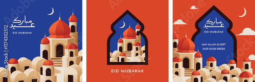 Eid mubarak square card with mosque illustration