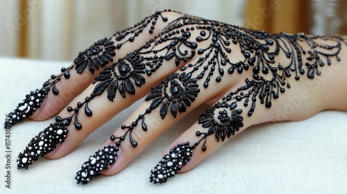 Intricate black henna with white embellishments adorns a hand. Ideal for bridal looks or special occasions. Apply on clean skin for stunning body art. photo