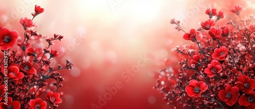 Bright background with glowing floral arrangements and redthemed decorations, dynamic, composite, outdoor setting photo