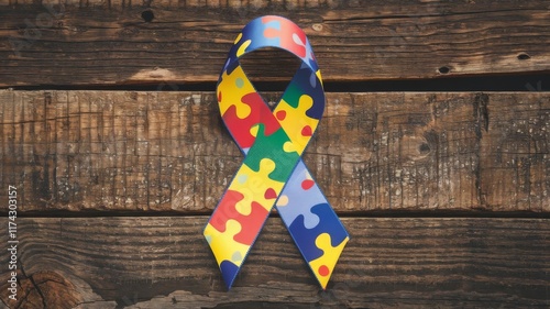 Autism Pride Day celebration with a colorful puzzle ribbon against a rustic wooden backdrop photo