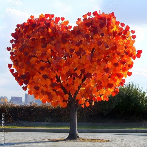 Vibrant Heart Shaped Tree in Autumnal Splendor   Romantic Nature Landscape for Valentine s Day photo