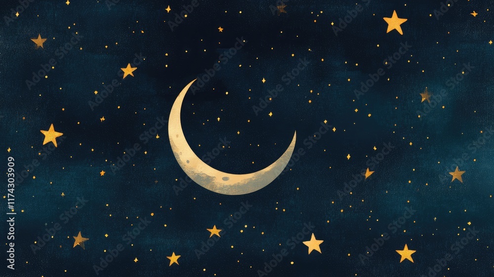 Naklejka premium Serene Moon and Twinkling Stars Against a Deep Blue Sky