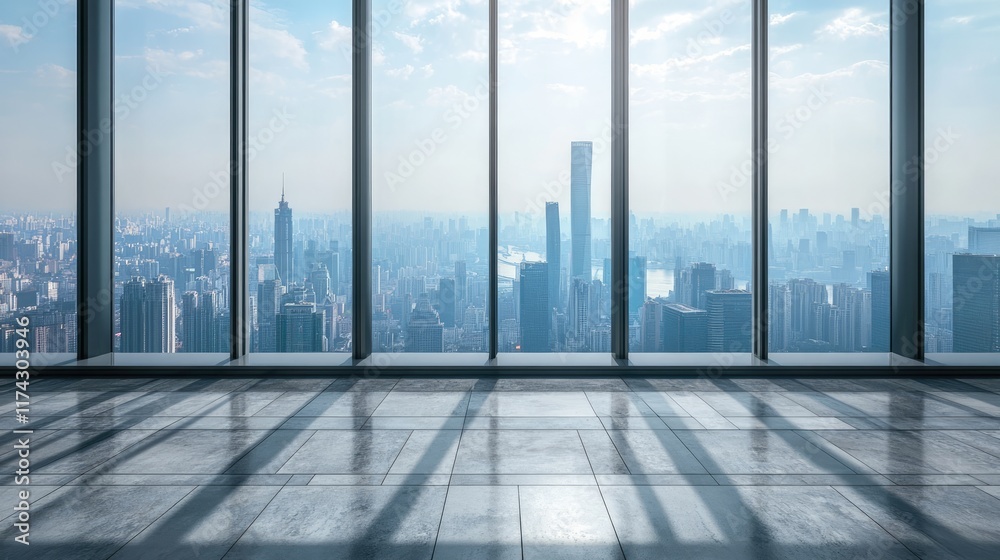 Fototapeta premium Empty floor panoramic view of the city from the roof