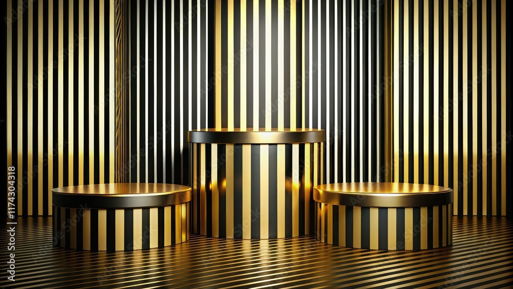 Luxurious Striped Podiums - Black White Gold Presentation Stands Luxurious Striped Podiums - Black White Gold Presentation Stands
