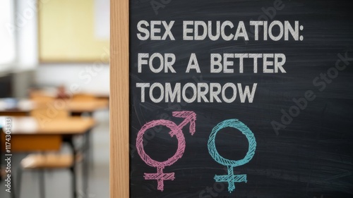 Blackboard showcasing sex education topics with gender symbols, promoting understanding