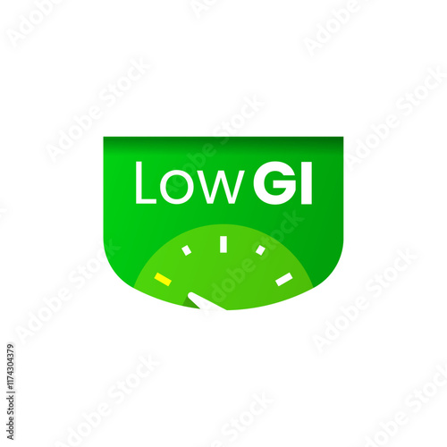 Flat illustration of Low GI with a low bodyweight scale arrow icon, Low Glycemic Index emblem. for health, nutrition, and diabetes related projects, promoting healthy eating control awareness