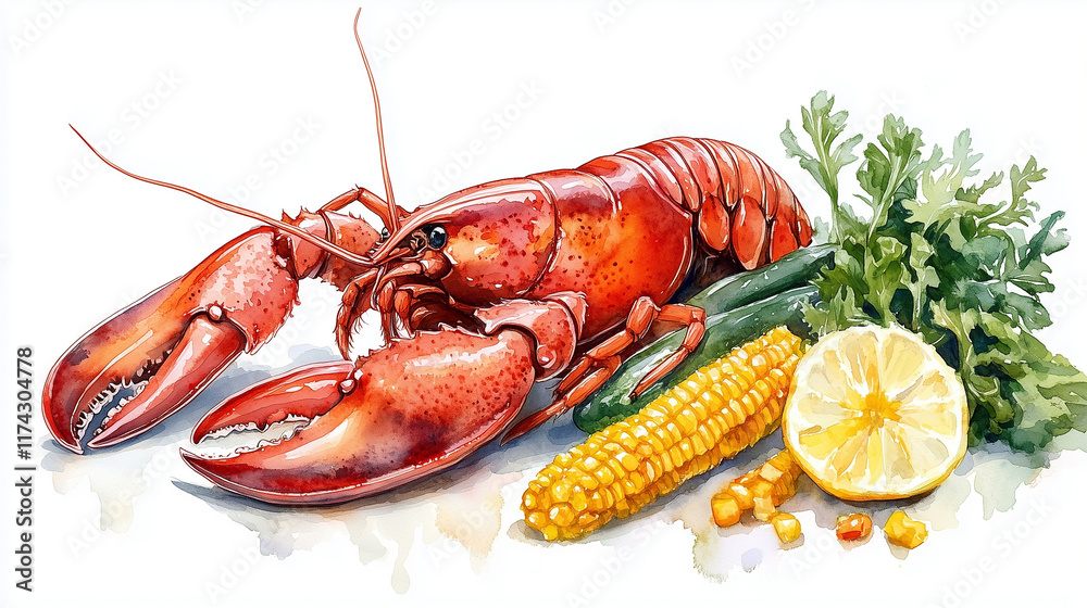 A beautifully hand-painted watercolor seafood | Lobster | Perfect for restaurant menus, seafood packaging, culinary blogs, recipe books, and ocean-themed designs A beautifully hand-painted watercolor seafood | Lobster | Perfect for restaurant menus, seafood packaging, culinary blogs, recipe books, and ocean-themed designs