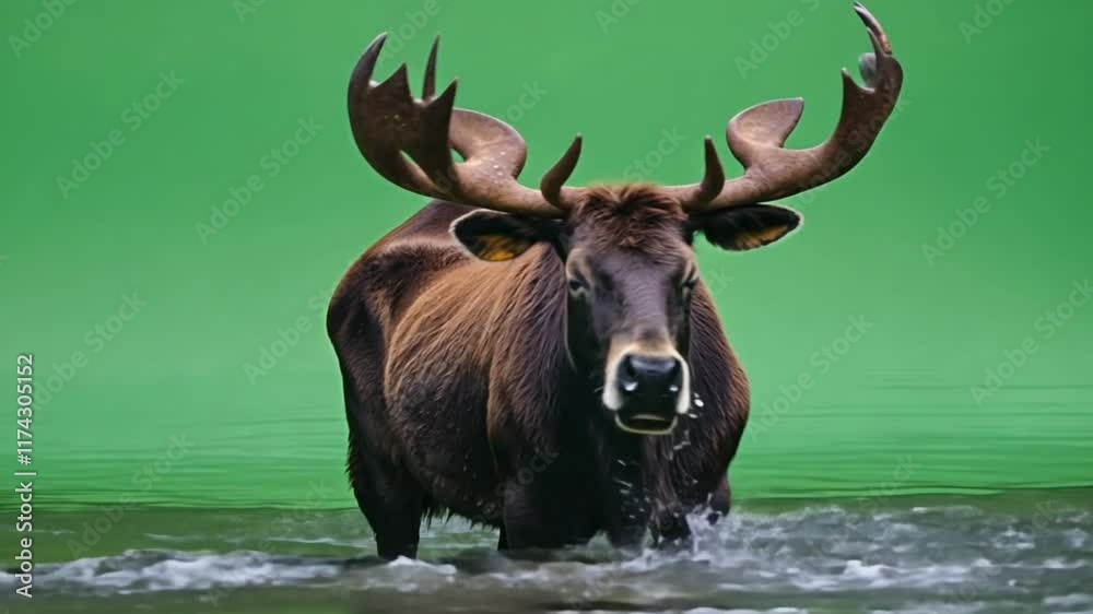 A large moose standing against a vibrant green backdrop, showcasing its impressive antlers and calm, majestic demeanor as an iconic species of northern forests. A large moose standing against a vibrant green backdrop, showcasing its impressive antlers and calm, majestic demeanor as an iconic species of northern forests.