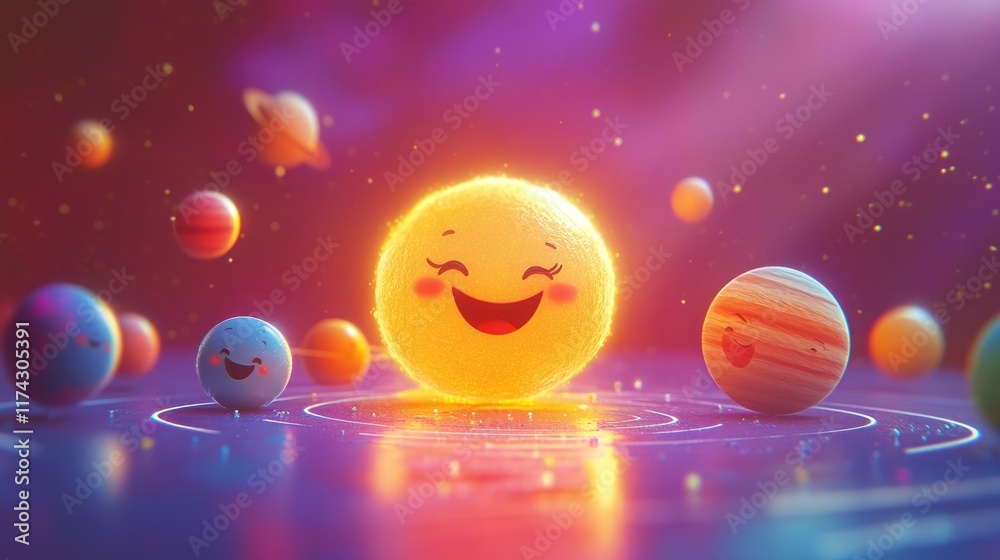 Naklejka premium Bright Cartoon Sun with Smiling Planets in Colorful Space Scene