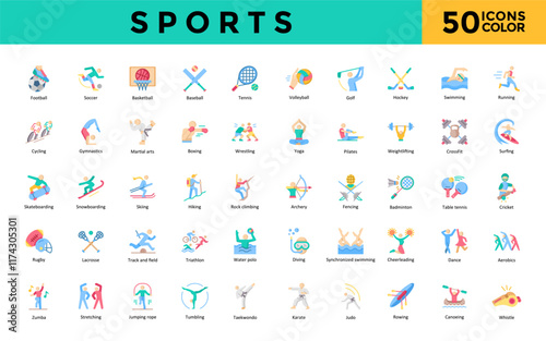 Sports icon set with football, soccer, basketball, baseball, tennis, volleyball, golf, hockey, swimming, running icon. Simple flat color vector 
