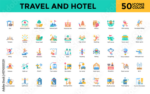 Travel and Hotel icon set with zoo, botanical garden, wildlife sanctuary, national park, historical site, architecture, winery, vineyard, wine tasting icon. Simple flat color vector 
