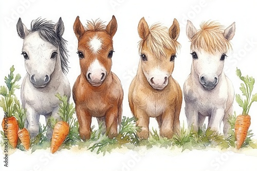 Four adorable ponies with carrots in a grassy setting, showcasing a playful and cheerful theme. photo