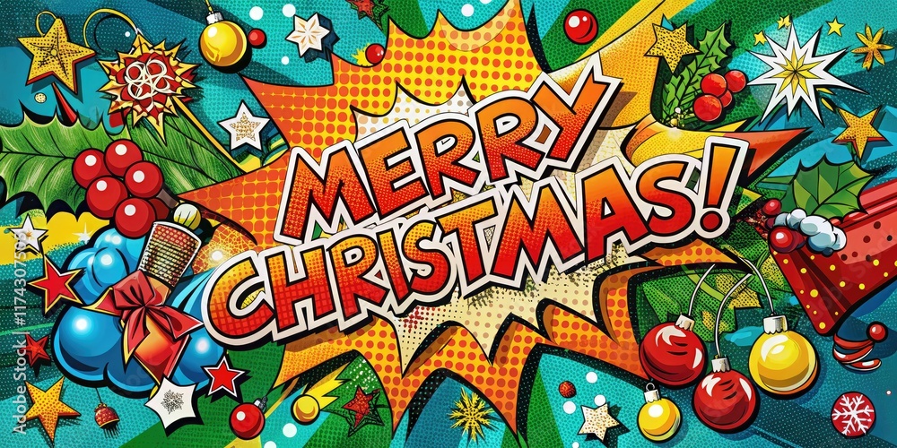 Fototapeta premium Merry Christmas Pop Art Comic Book Macro Photography AI Art