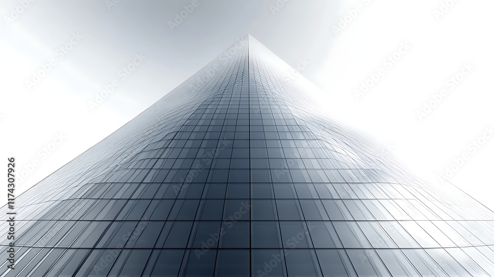 Low-angle view of a modern glass skyscraper, its triangular form rising towards a bright sky. Low-angle view of a modern glass skyscraper, its triangular form rising towards a bright sky.