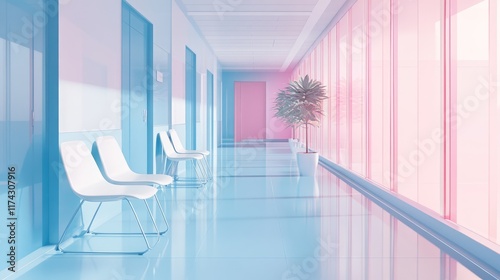 Empty modern hospital corridor, clinic hallway interior background with white chairs for patients waiting for doctor visit. Contemporary waiting room in medical office, blue, pink pastel,