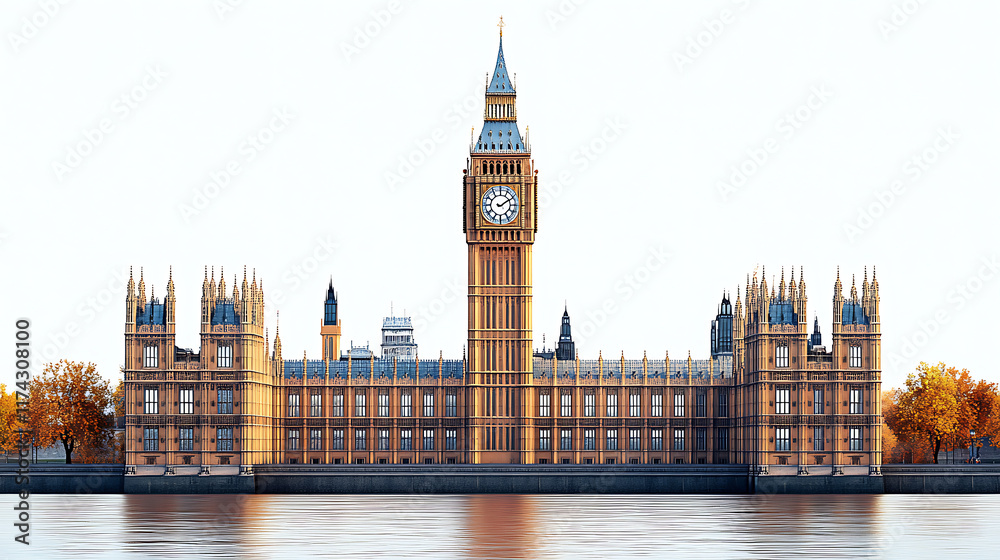 Fototapeta premium Isolated 3D render of the Houses of Parliament and Big Ben in autumn.