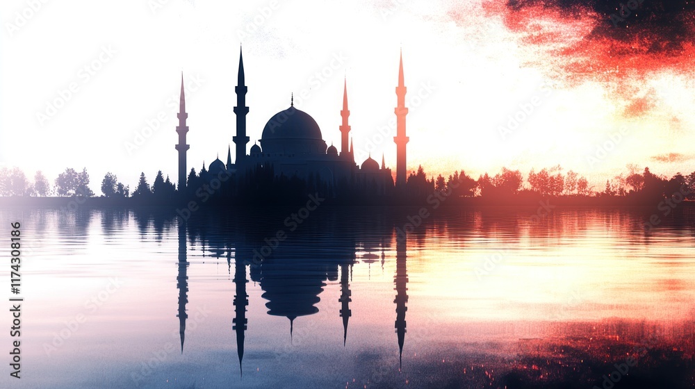 Fototapeta premium Silhouette of a mosque at sunset reflected in calm water. Ideal for religious backgrounds, website banners or desktop wallpapers.