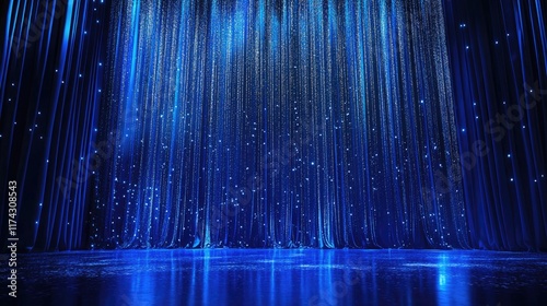 A blue stage with silver glittering lights flickering across a rich blue curtain, creating a mesmerizing and dramatic atmosphere for a show