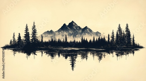 Serene mountain lake reflection, minimalist art.