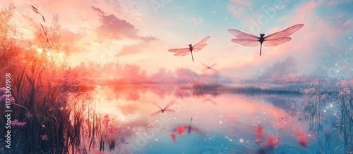 Silhouettes of dragonflies flying over a tranquil lake at sunset, with reflections in the water, surrounded by a dreamy pink sky.