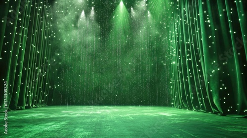A captivating green stage with sparkling silver lights flickering against a deep green curtain, offering a dramatic effect for a show or concert