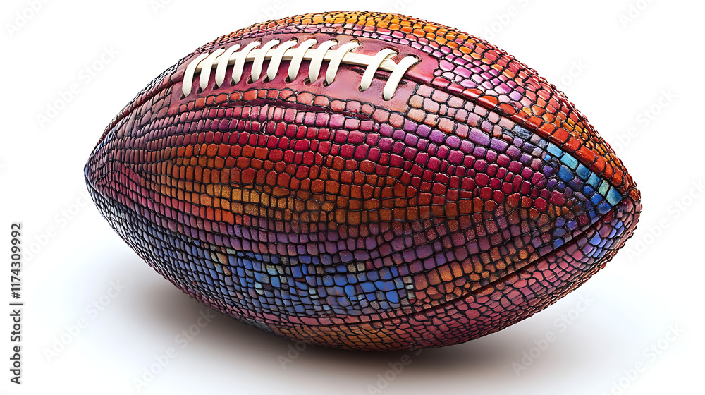 Colorful mosaic-style American football isolated on white background.