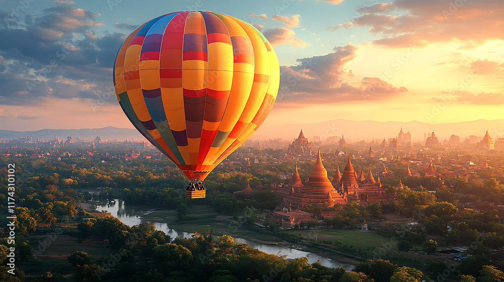 Colorful hot air balloon soaring over ancient temples at sunrise. Colorful hot air balloon soaring over ancient temples at sunrise.