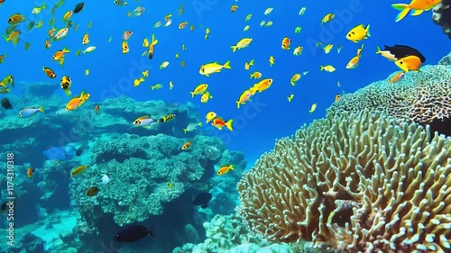 A vibrant coral reef teeming with colorful fish swimming peacefully underwater in a tropical ocean. photo