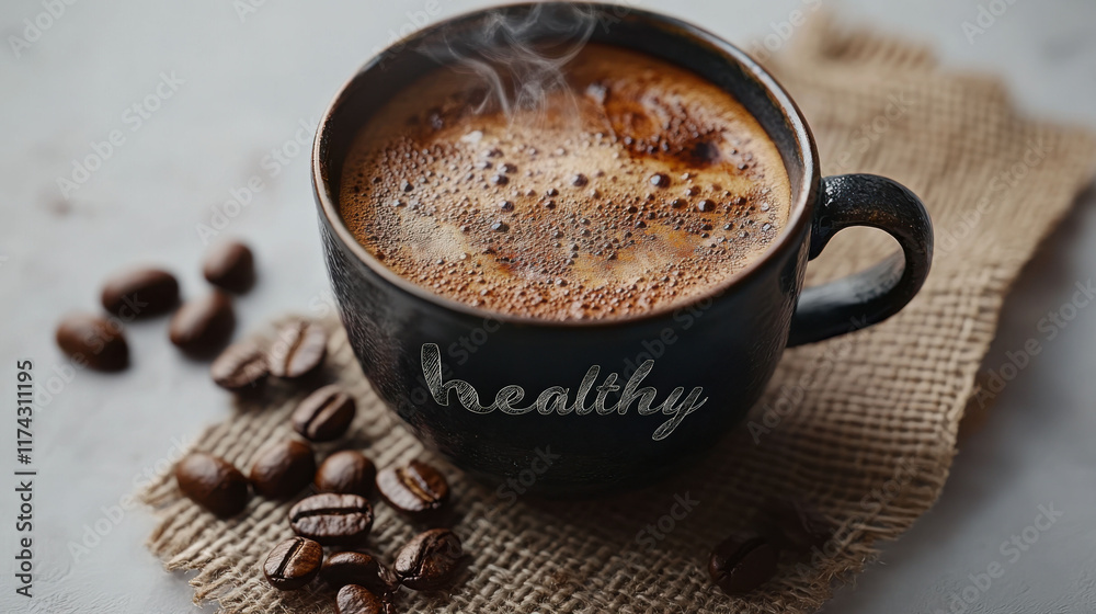 Coffee drink with healthy label concept. steaming cup of coffee with healthy text on rustic surface Coffee drink with healthy label concept. steaming cup of coffee with healthy text on rustic surface