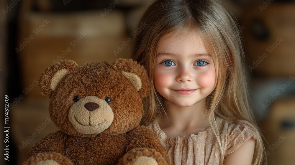 A smiling girl holds a teddy bear, radiating warmth and innocence. A smiling girl holds a teddy bear, radiating warmth and innocence.