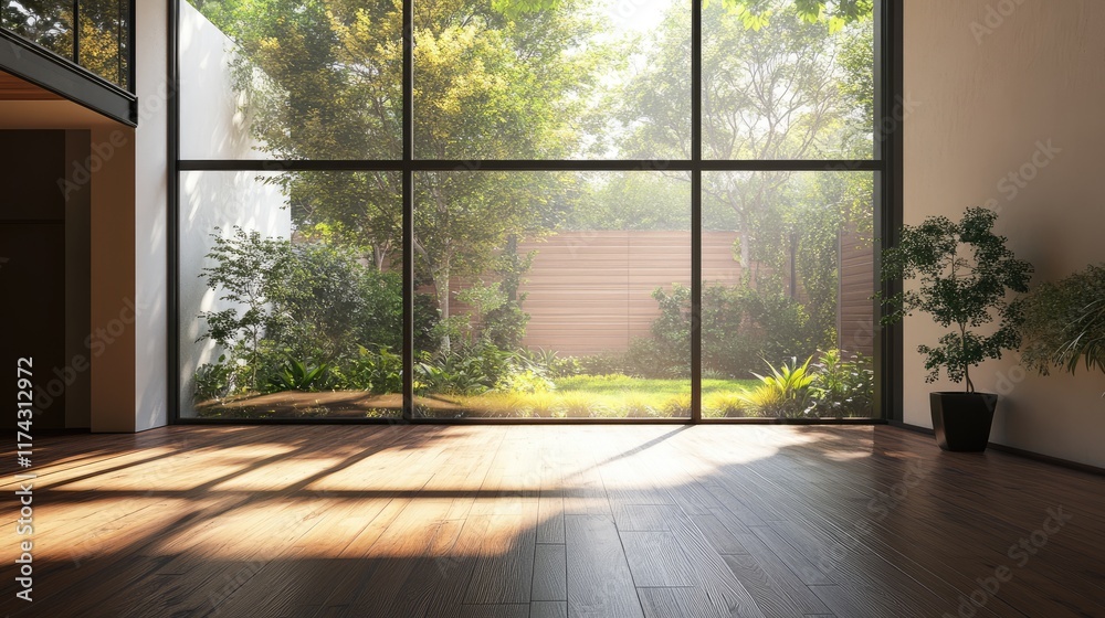 Fototapeta premium Empty room of modern contemporary loft with wooden floor and large windows to garden. Copy space.